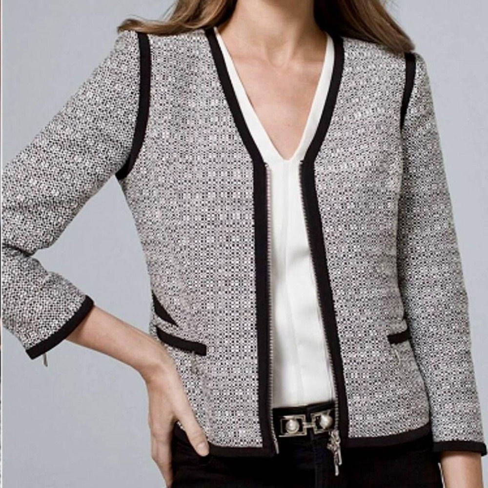 White House Black Market Women Zip Blazer Jacket XSmall 00 Black White Tweed NWT